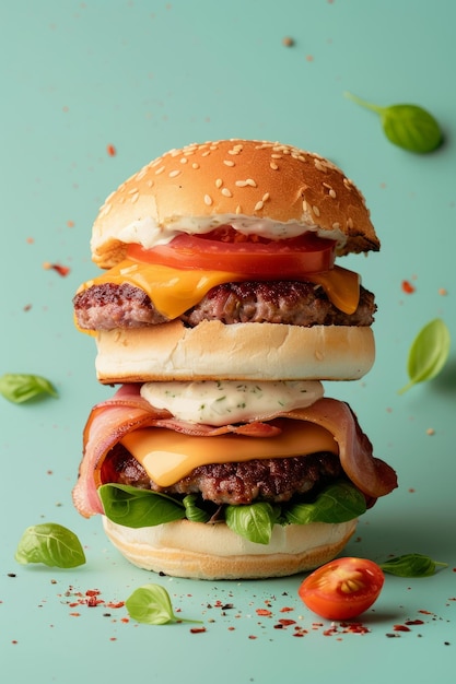 A juicy hamburger sits on a plate ready to be devoured A hamburger with cheese and tomatoes on it