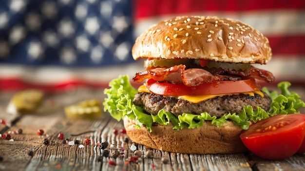 A juicy hamburger with bacon lettuce and tomato sits on a wooden table in front of the American flag