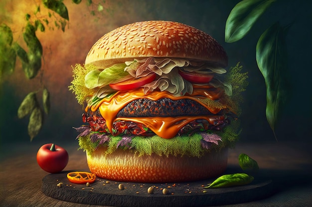 Juicy hot burger with double cheese beef patty and juicy tomatoes