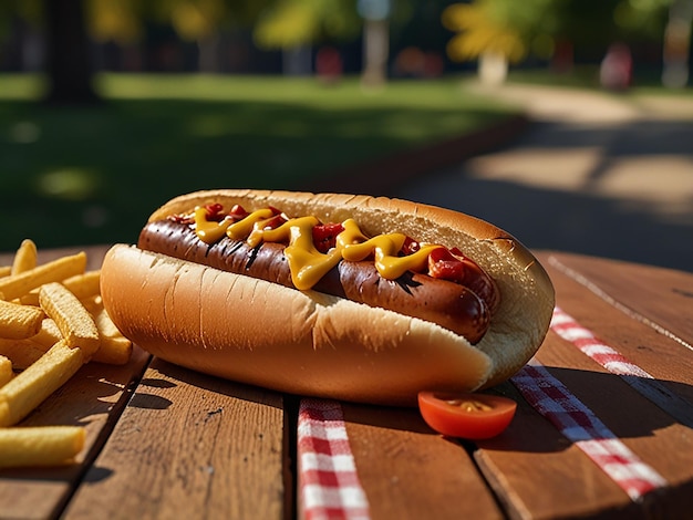 A juicy hot dog resting on a wooden cutting board