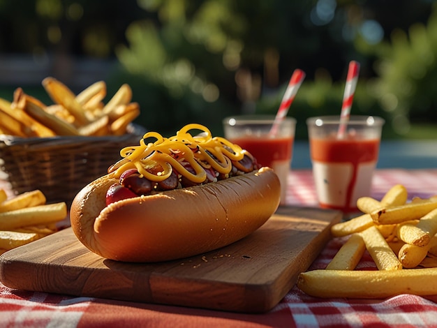 A juicy hot dog resting on a wooden cutting board