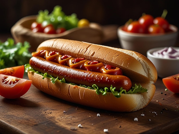 A juicy hot dog resting on a wooden cutting board