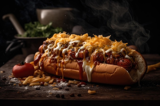 Juicy hot dog with cheese and potato chips generative IA