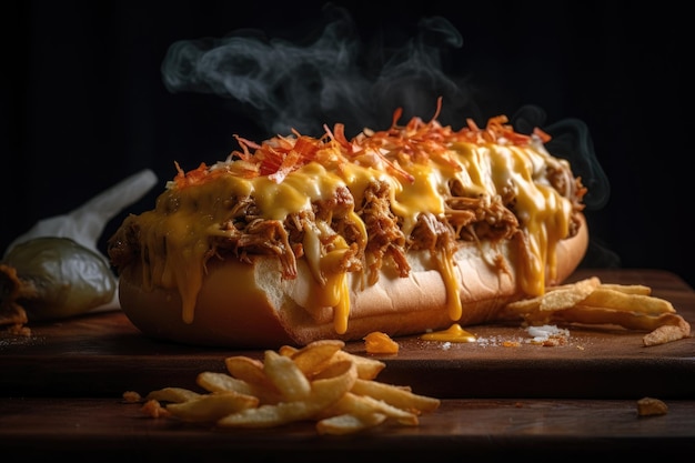 Juicy hot dog with cheese and potato chips generative IA