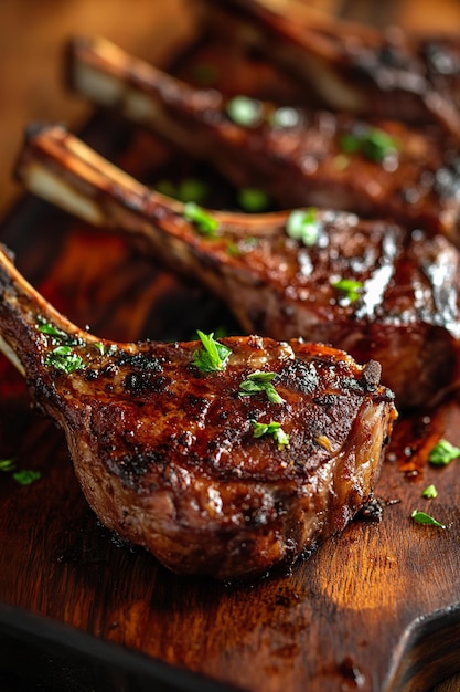 Juicy lamb chops grilled to perfection with herbs and spices on a wooden board