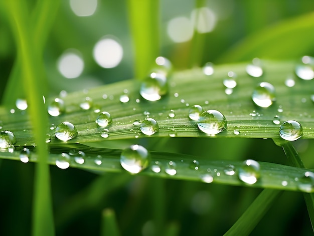 Juicy lush green grass on meadow with drops of water dew in morning light in spring summer outdoors