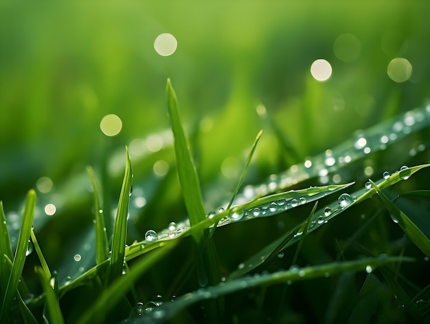 Juicy lush green grass on meadow with drops of water dew in morning light in spring summer outdoors