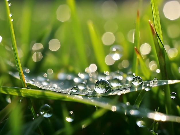 Juicy lush green grass on meadow with drops of water dew in morning light in spring summer outdoors