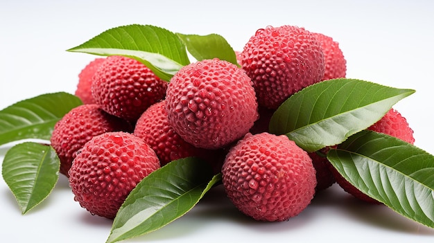 Juicy Lychee with cut in half and leaves isolated on white background Clipping path