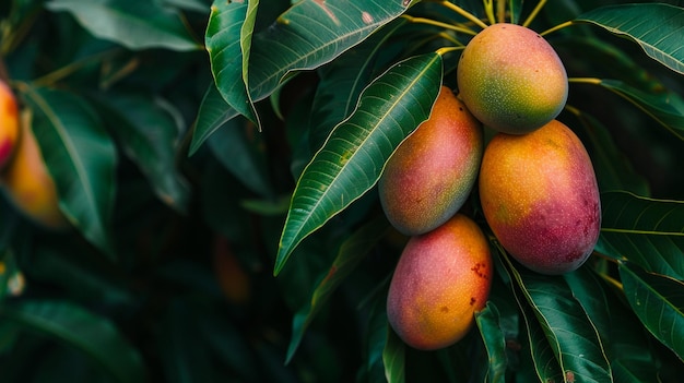 Juicy Mangoes Hanging on Tree CloseUp with Leaves