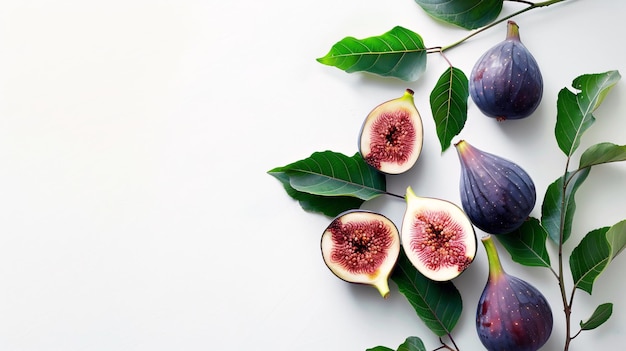 Juicy mature figs with foliage against a blank canvas