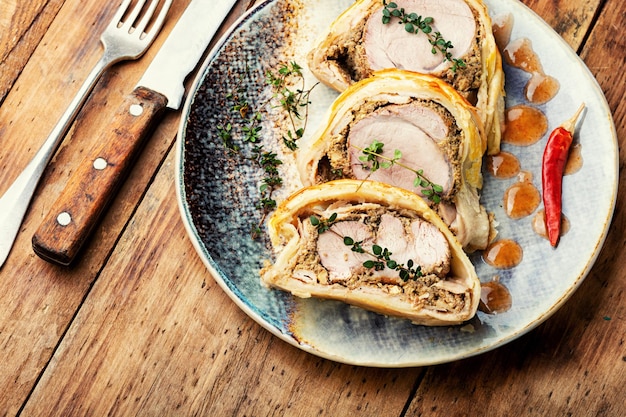 Juicy meat in a dough with spices mushroom or vegetable pate Wellington meat