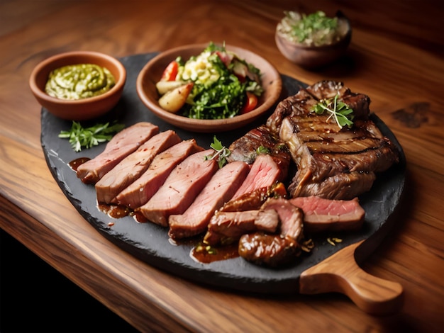 Juicy meat slices on a dark stone plate with greenery salad and sauce in bowls on a wooden desk