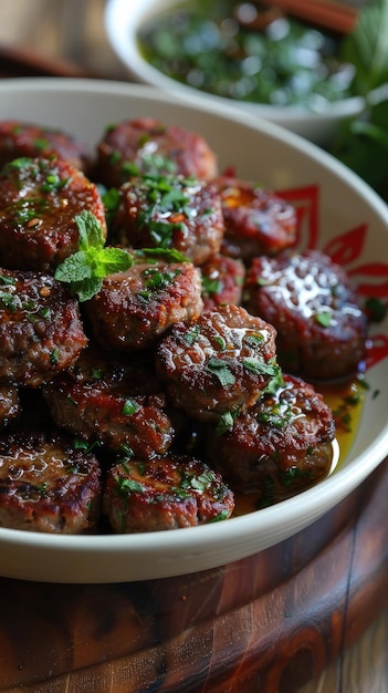 Juicy meatballs garnished with parsley on plate Closeup of delicious seasoned meatballs with garnish showcasing the textures and vibrant colors