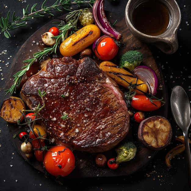 Juicy medium rare beef steak with spices and grilled vegetables Top view Generative AI