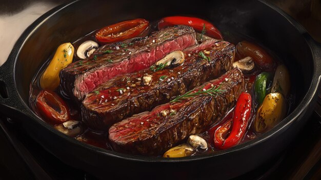 Photo juicy mediumrare steaks with sauteed vegetables and herbs in a hot skillet