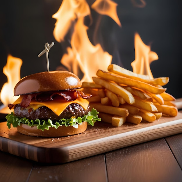 A juicy mouthwatering beef burger with melted cheddar cheese crispy bacon and lettuce on a toaste