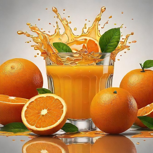 Juicy orange fruit in realistic orange juice splash Ai generated