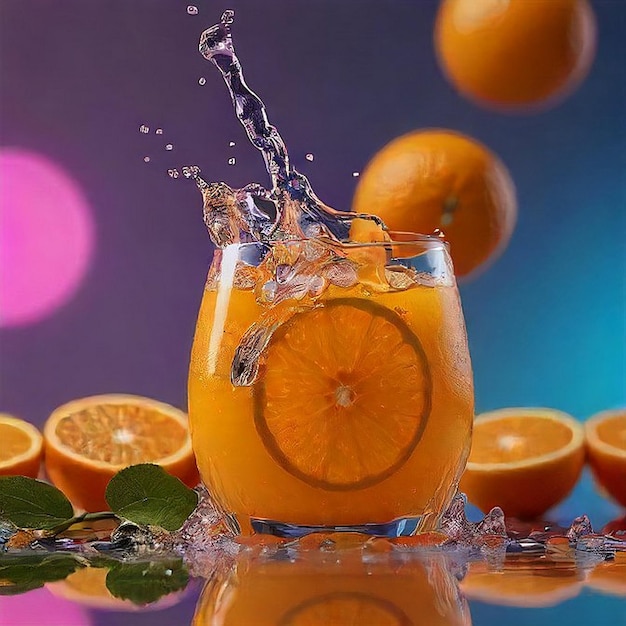 Juicy orange fruit in realistic orange juice splash Ai generated