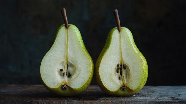 Photo juicy pear halves on rustic wooden background two ripe pears halved and arranged on a weathe