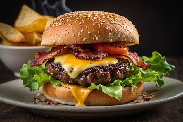 A juicy perfectly grilled hamburger with melted cheese