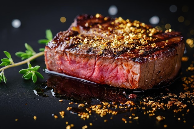 A juicy piece of ribeye steak sizzles on a sleek black surface Exquisite wagyu steak with gold flakes sprinkling AI Generated