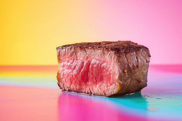 Photo a juicy piece of steak sits perfectly cooked and seasoned atop a wooden table a colorful minimalist interpretation of a perfectly cooked sirloin steak ai generated