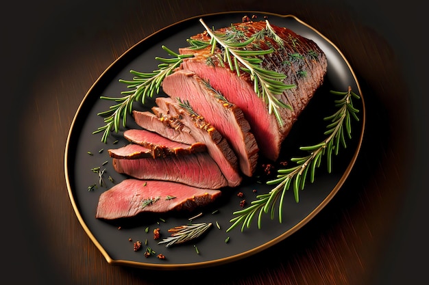 Juicy pink flank steak decorated with rosemary lying on round wooden board