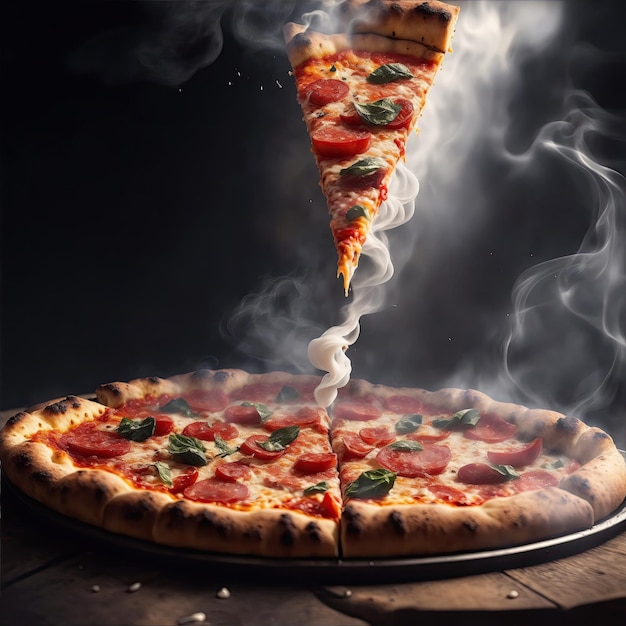 Juicy Pizza piece falling from the top with smoke