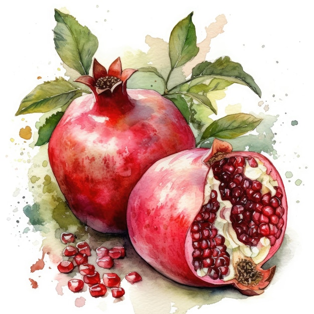 Juicy Pomegranate Watercolor on White Background