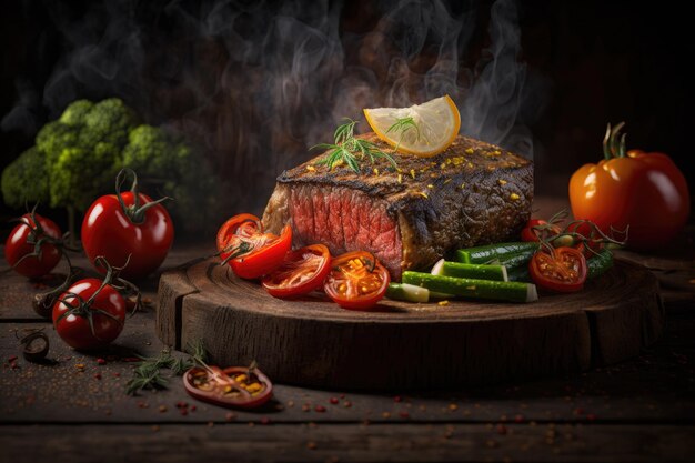 Juicy portions of fried steak fillet with tomatoes Illustration AI GenerativexA