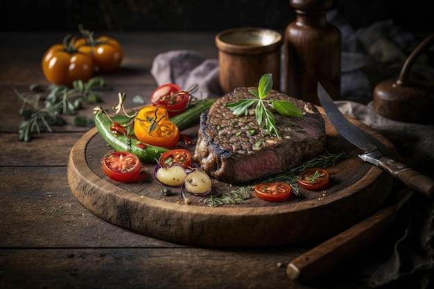 Juicy portions of fried steak fillet with tomatoes Illustration AI GenerativexA