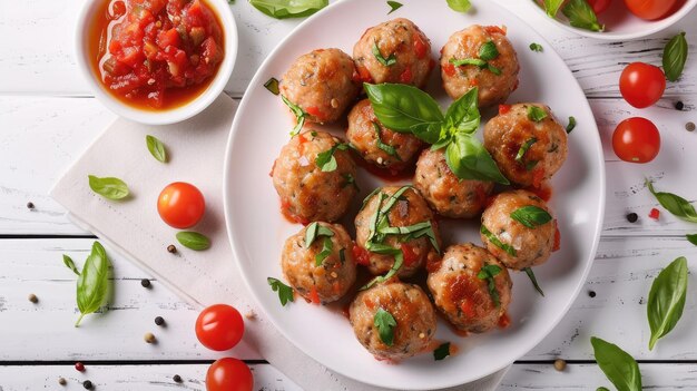 Photo juicy rabbit meatballs with tomato sauce on a white wooden table flat lay shot