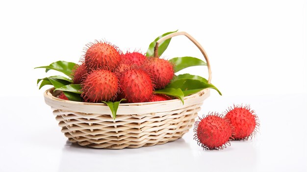 Juicy Rambutan Fruits with leaves in basket