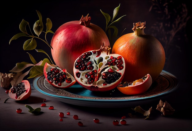 Juicy red cleared pomegranate on a clay plate in a country style selective focus ai generated