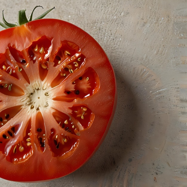 A juicy red tomato cut in half revealing the seeds and inner texture