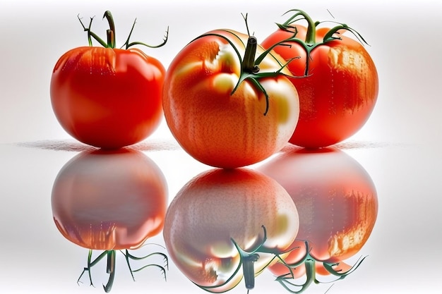 Juicy Red Tomatoes on Isolated White Background with Reflections Text Space Available Generative AI