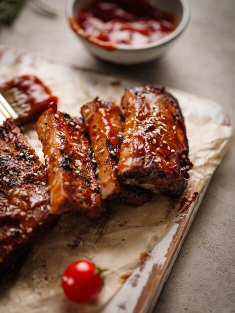 Juicy ribs barbecue closeup Shallow depth of field