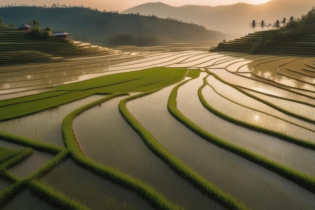 Juicy rice fields on hills with water