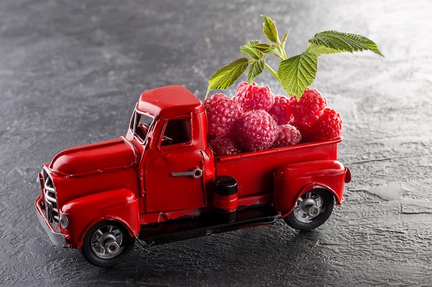 Juicy ripe raspberry on the car model