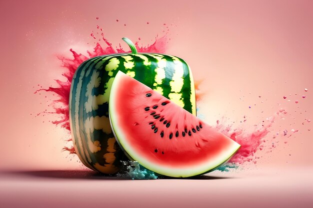 juicy ripe watermelon splash of juice isolated on pink background