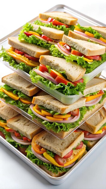 Photo juicy sandwiches on a plastic tray against a white background