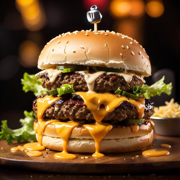 A juicy sizzling hamburger with melted cheese dripping off the sides served on a toasted bun