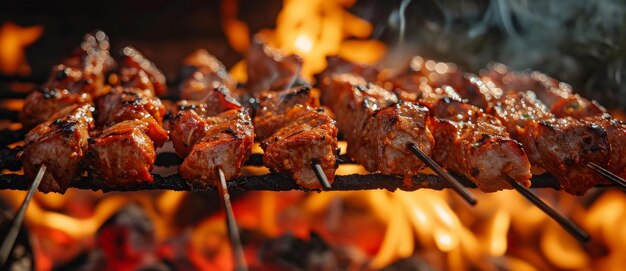 Juicy skewers sizzle over an open flame the quintessence of grilling captured in the dance of fire and smoke