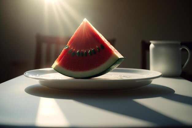 A Juicy Slice of Watermelon on a Wooden Table