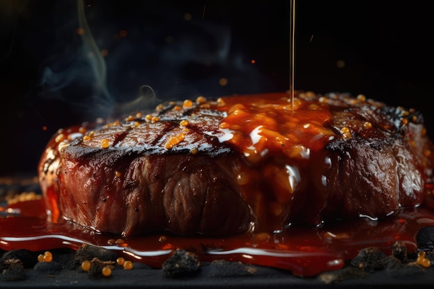 Juicy steak on fire pour sauce generative ai