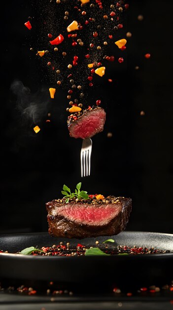 Photo juicy steak on a fork with peppercorns and herbs