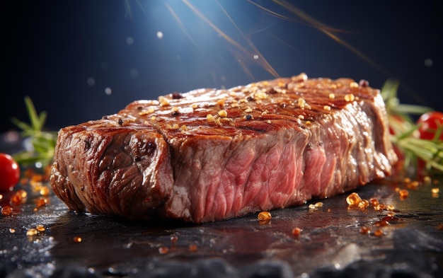 Juicy steak resting on a sleek black surface