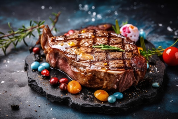 Juicy steak served on a rustic slate platter created with Generative AI technology