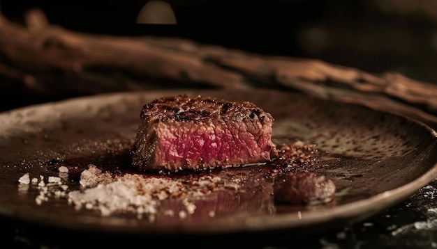 Juicy Steak Slice Resting on Rustic Plate Surrounded by Sea Salt and Wood